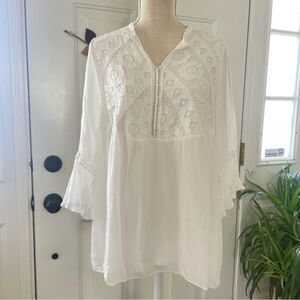BOHO Bellambra Embroidered White Women's Silk Top Blouse Bell Sleeve (Size M)
